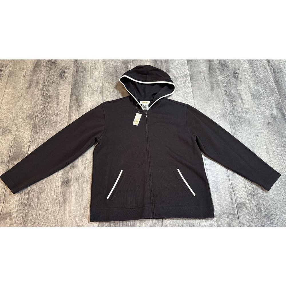 Vintage Talbots Jacket Womens Small Petite Black Hooded Knit Full Zip Casual NWT